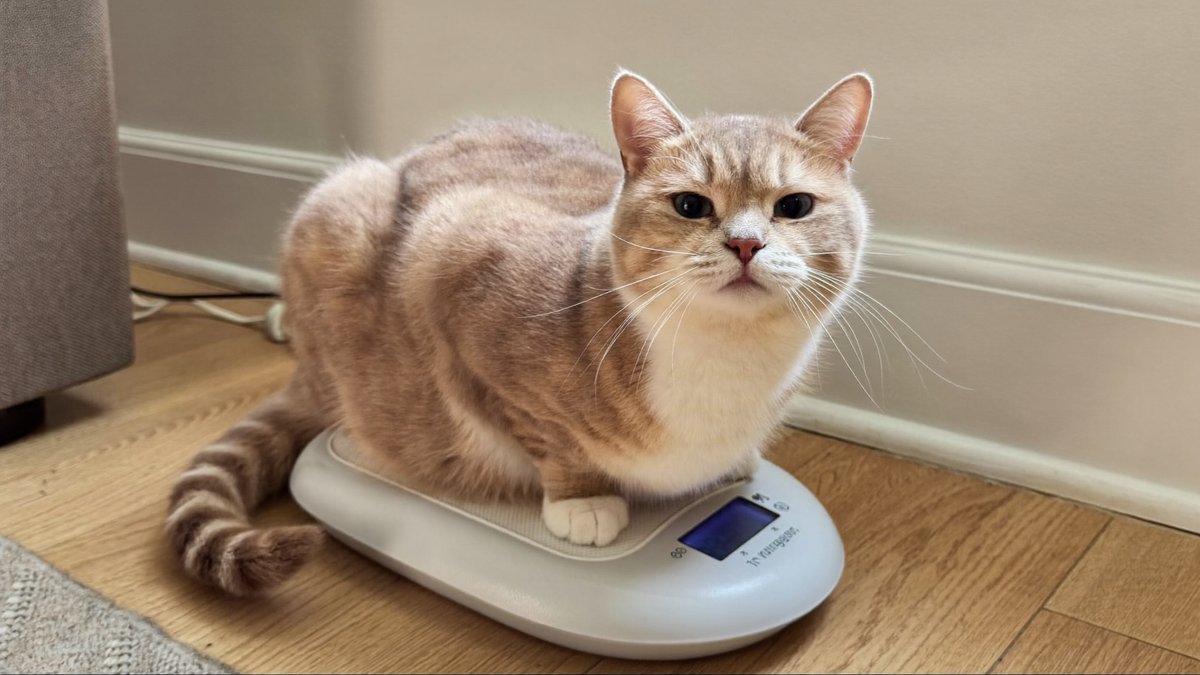 Katze wird auf einer Waage gewogen zur Gewichtskontrolle