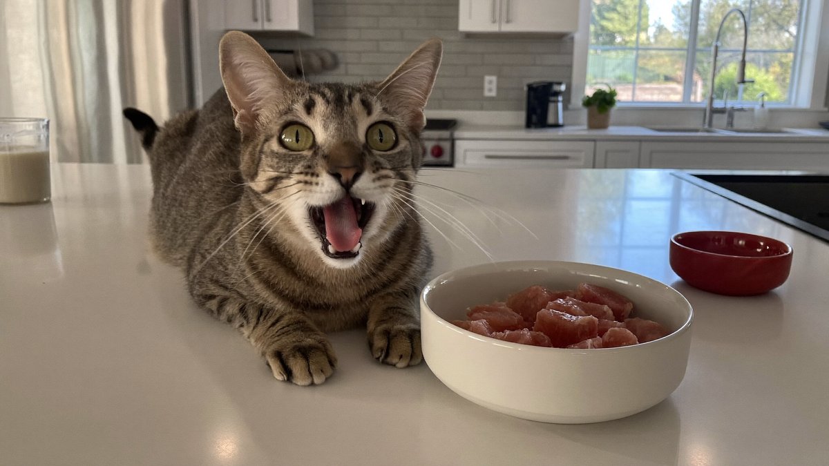 Katze schaut erwartungsvoll auf eine Schale mit frischem rohem Fleisch