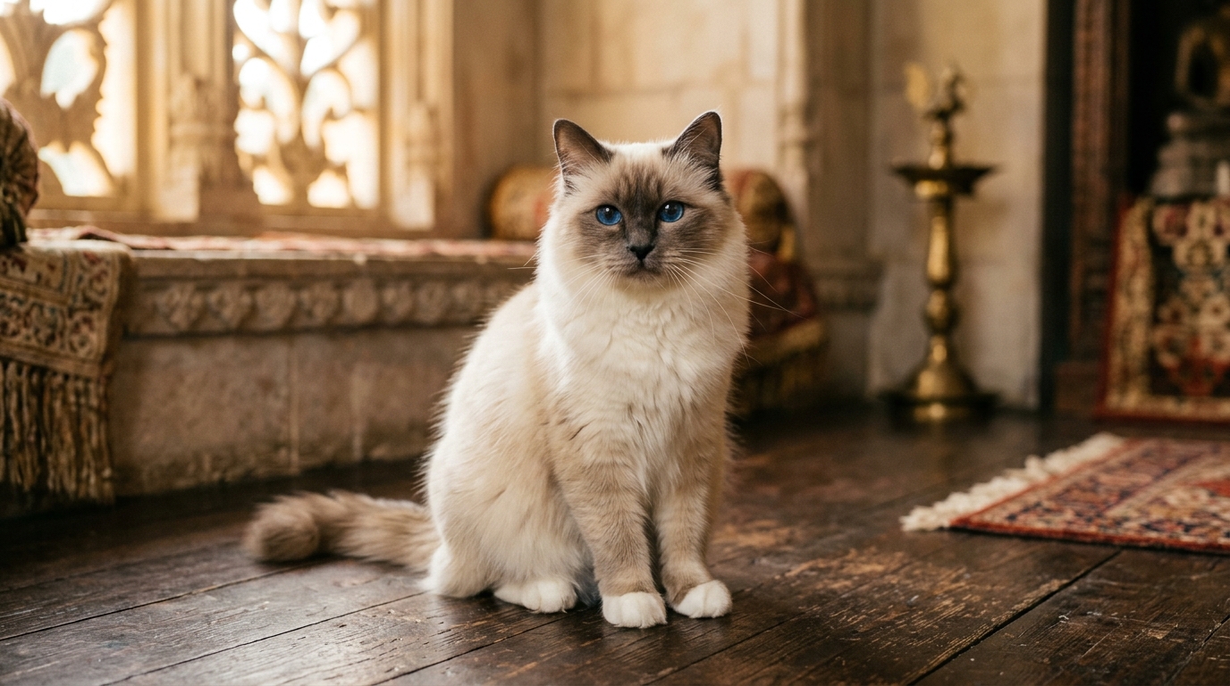 Birmakatze mit blauen Augen und wei&szlig;en Handschuhen &mdash; Rasseportr&auml;t