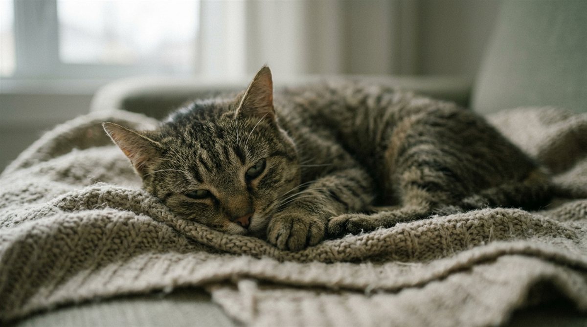 Matte Katze liegt kraftlos mit gesenktem Kopf auf einer Decke