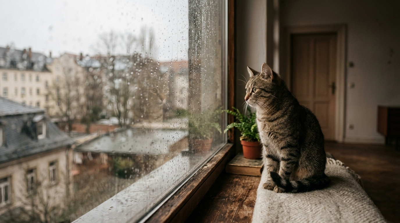 Katze sitzt alleine am Fenster und wartet &mdash; Trennungsstress erkennen