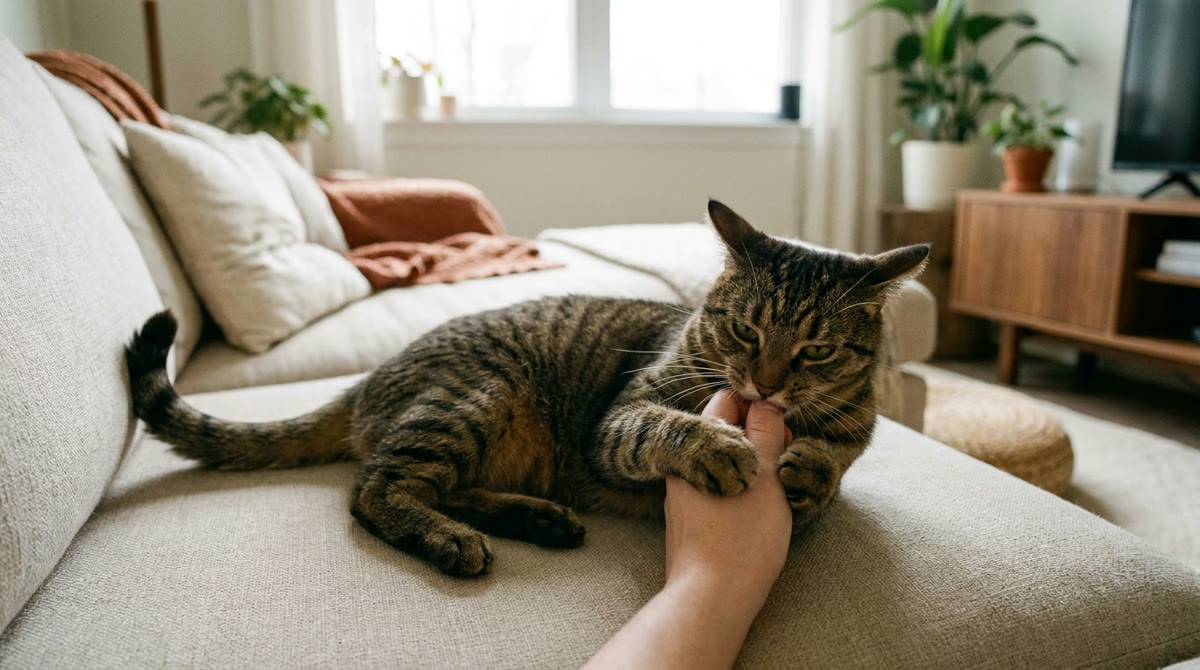 Katze schnappt beim Streicheln nach der Hand &mdash; typischer Liebesbiss