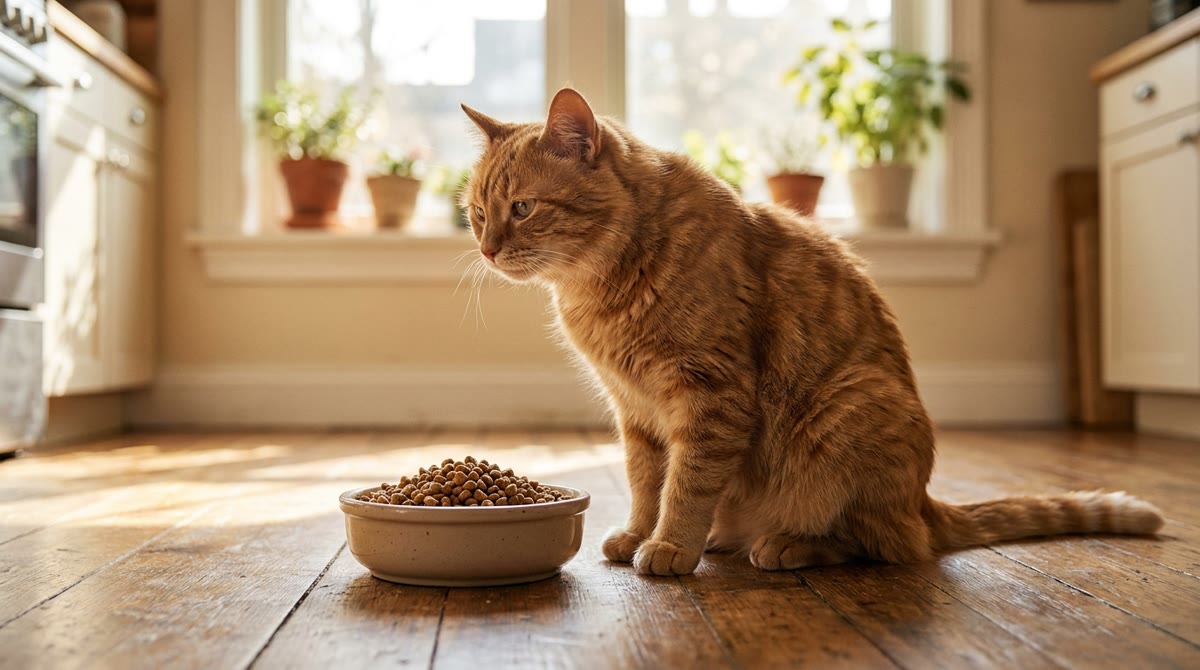 Katze sitzt vor einem vollen Napf und verweigert das Futter