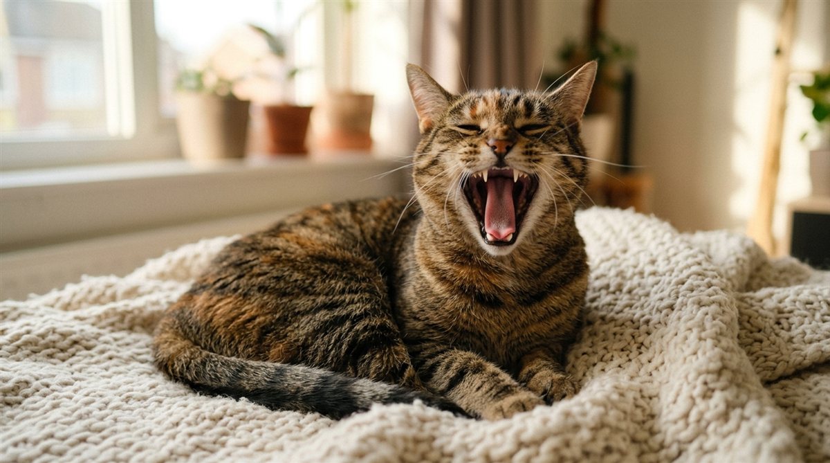 Katze gähnt herzhaft mit weit geöffnetem Maul
