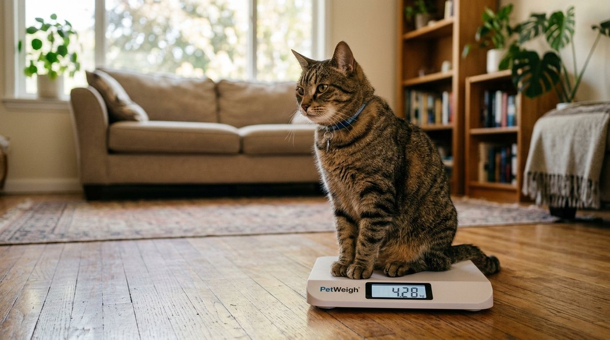 Katze wird zu Hause auf einer kleinen Waage gewogen