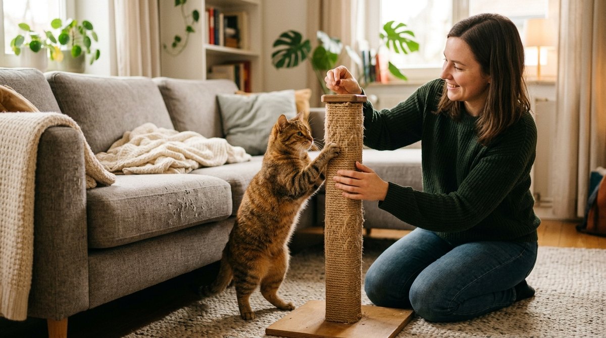 Mensch lenkt Katze ruhig von der K&uuml;chenarbeitsplatte auf einen Kratzbaum um