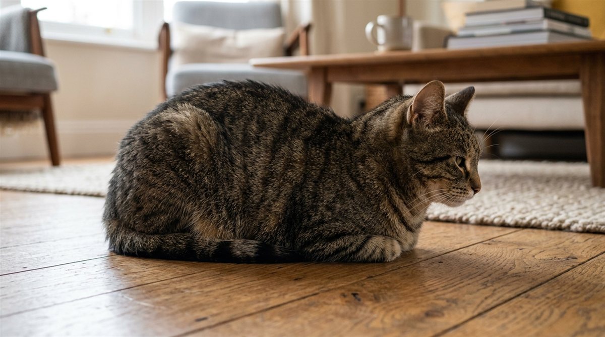 Katze kauert zusammengezogen mit unter den Körper gezogenen Pfoten