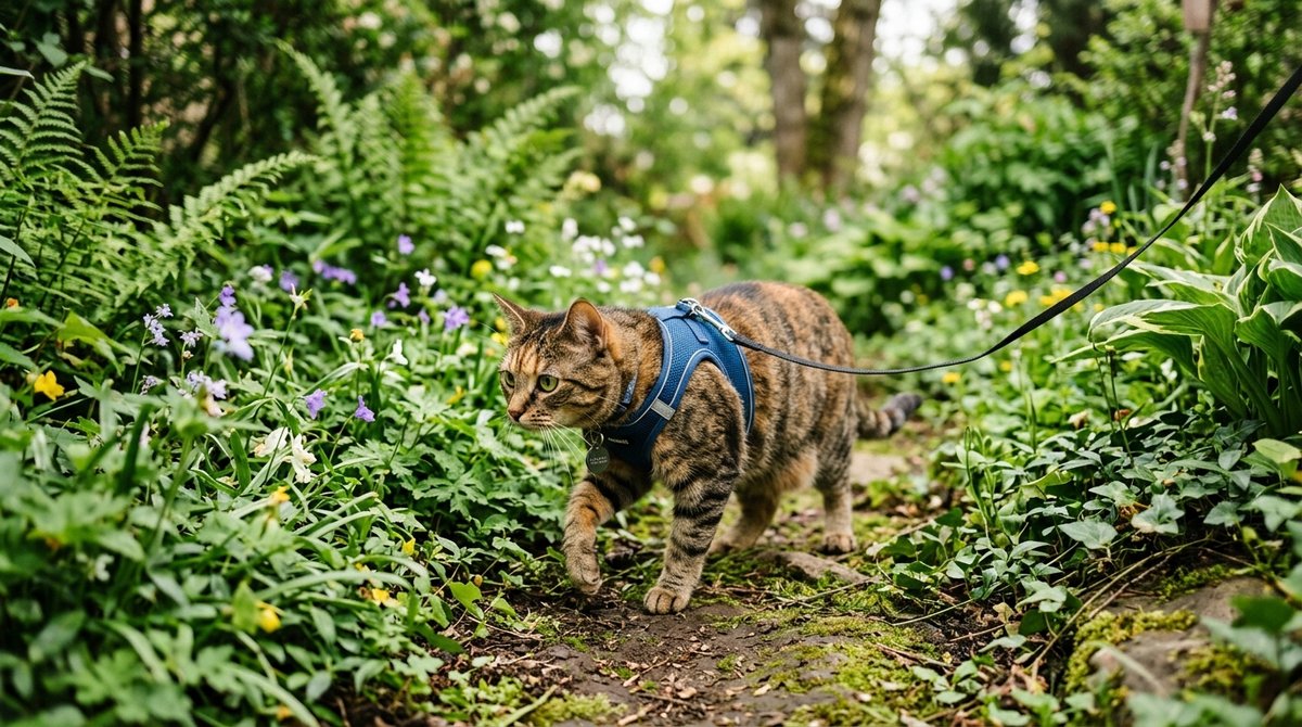 Katze mit Geschirr und Leine erkundet vorsichtig einen Garten
