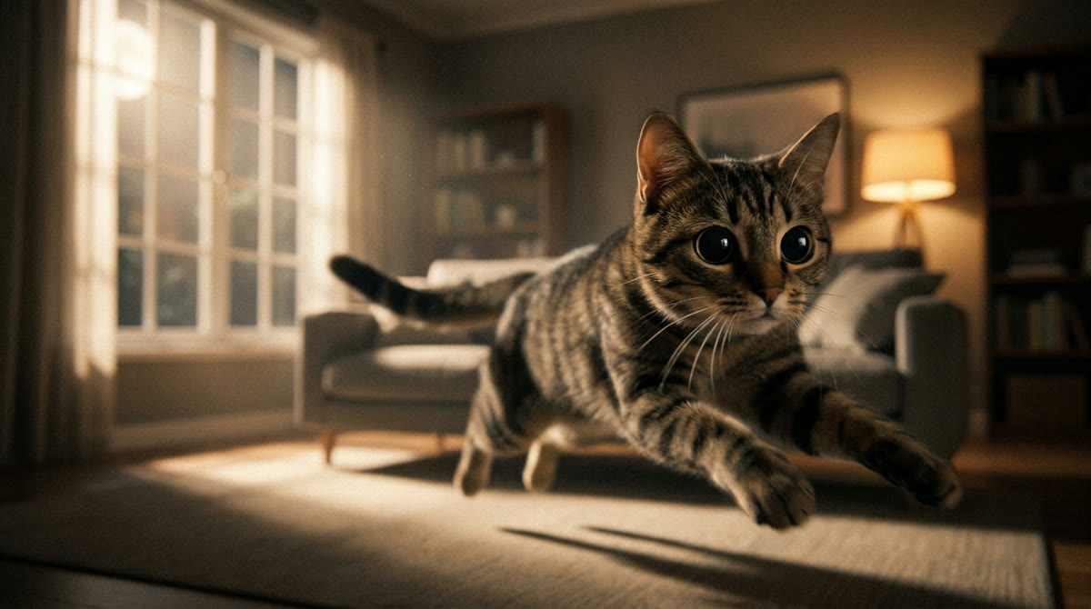 Katze mit geweiteten Pupillen rennt nachts durch die dunkle Wohnung