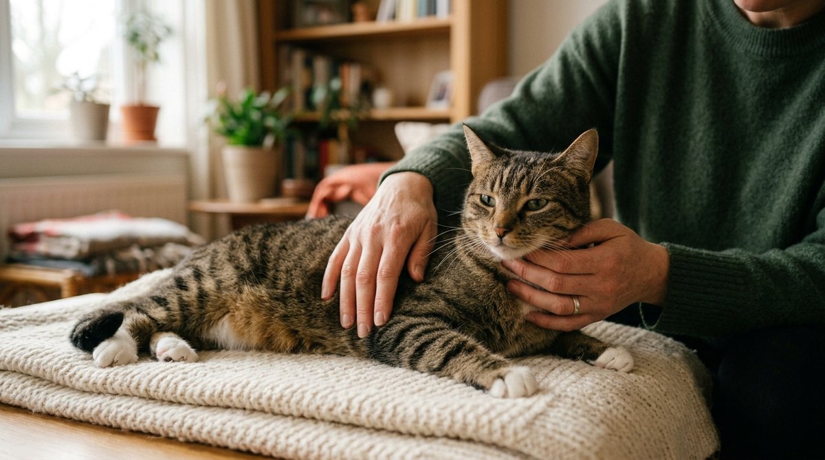 H&auml;nde untersuchen eine ruhige Katze zu Hause