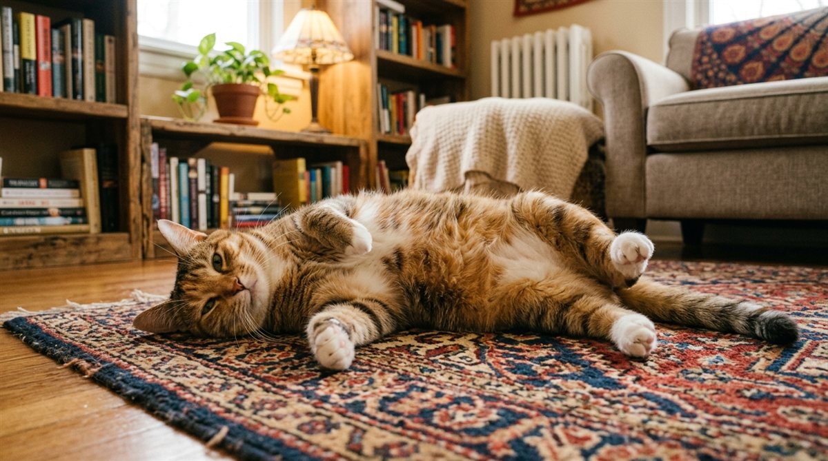 Entspannte Katze liegt auf dem Rücken auf einem Teppich
