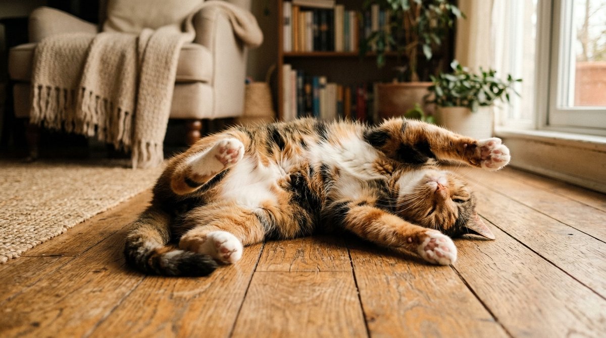 Katze rollt sich auf dem Boden &mdash; typisches Zeichen der Rolligkeit