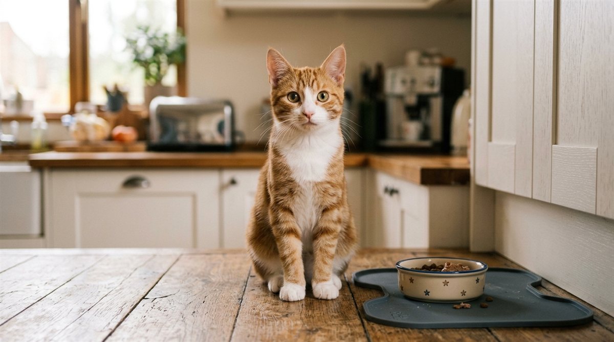 Junge Katze sitzt aufmerksam da, leicht angespannter Brustkorb