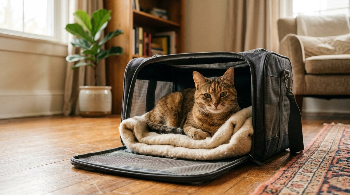 Katze sitzt entspannt in einer offenen Transportbox mit weicher Decke