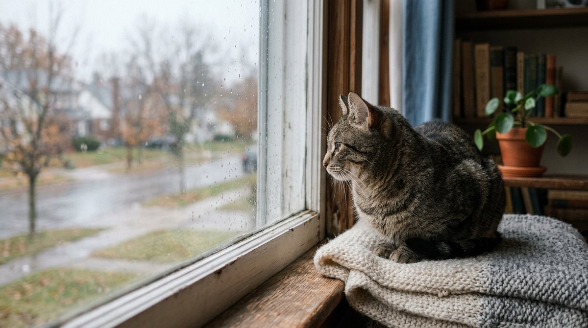 Nachdenklich wirkende Katze sitzt zur&uuml;ckgezogen am Fenster