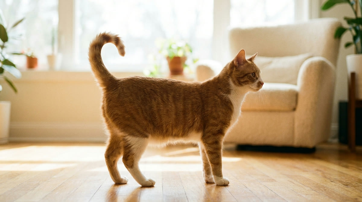 Katze mit aufgestelltem Schwanz und aufmerksamen Ohren &mdash; positive K&ouml;rpersprache