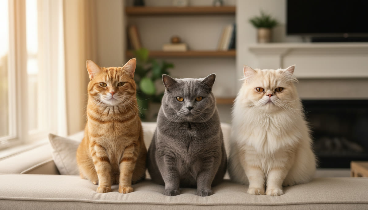 Drei Katzen unterschiedlicher Rasse und Fellfarbe sitzen nebeneinander auf einem Sofa
