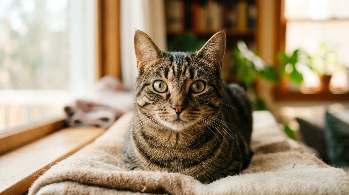 Getigerte Hauskatze schaut neugierig in die Kamera