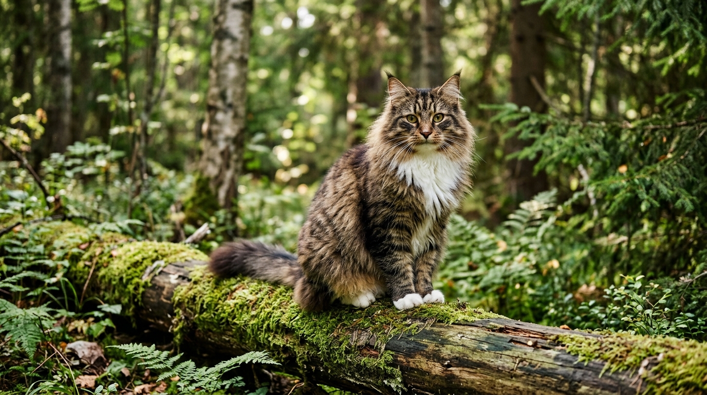 Norwegische Waldkatze mit dichtem Fell in der Natur