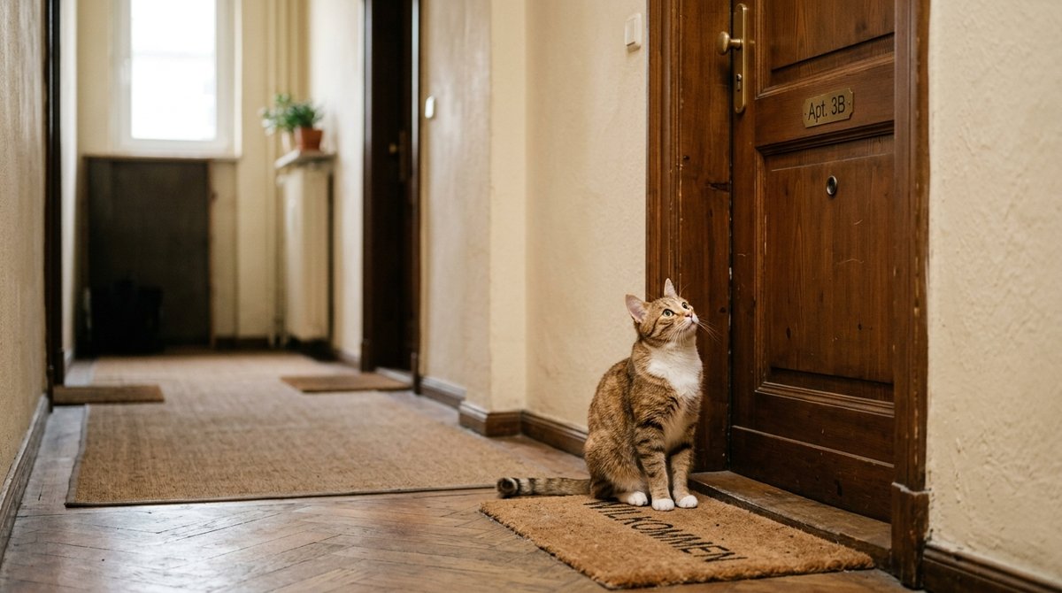 Katze sitzt allein an der Wohnungst&uuml;r und wartet auf ihren Menschen
