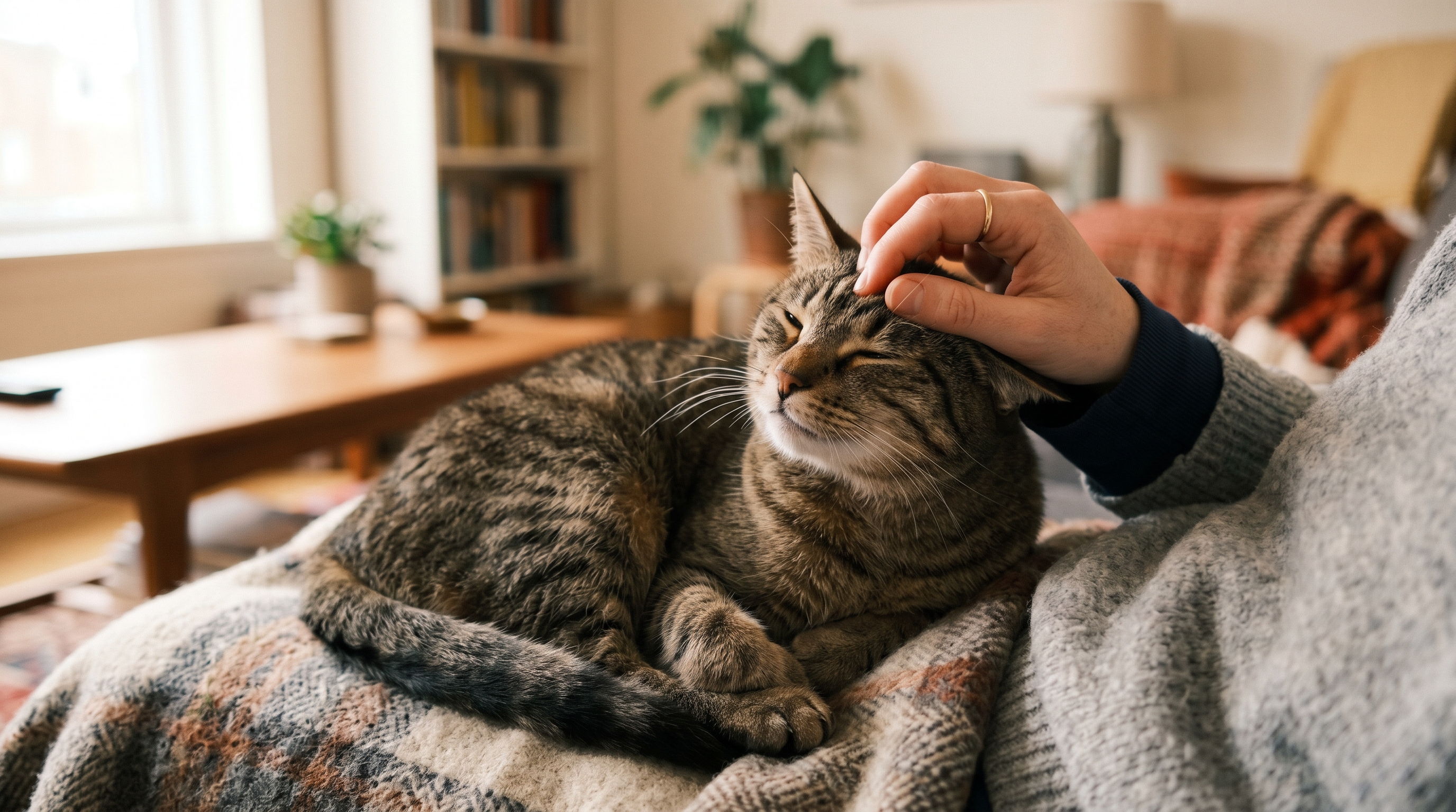 Entspannte Katze schnurrt mit halb geschlossenen Augen auf dem Scho&szlig; ihres Menschen
