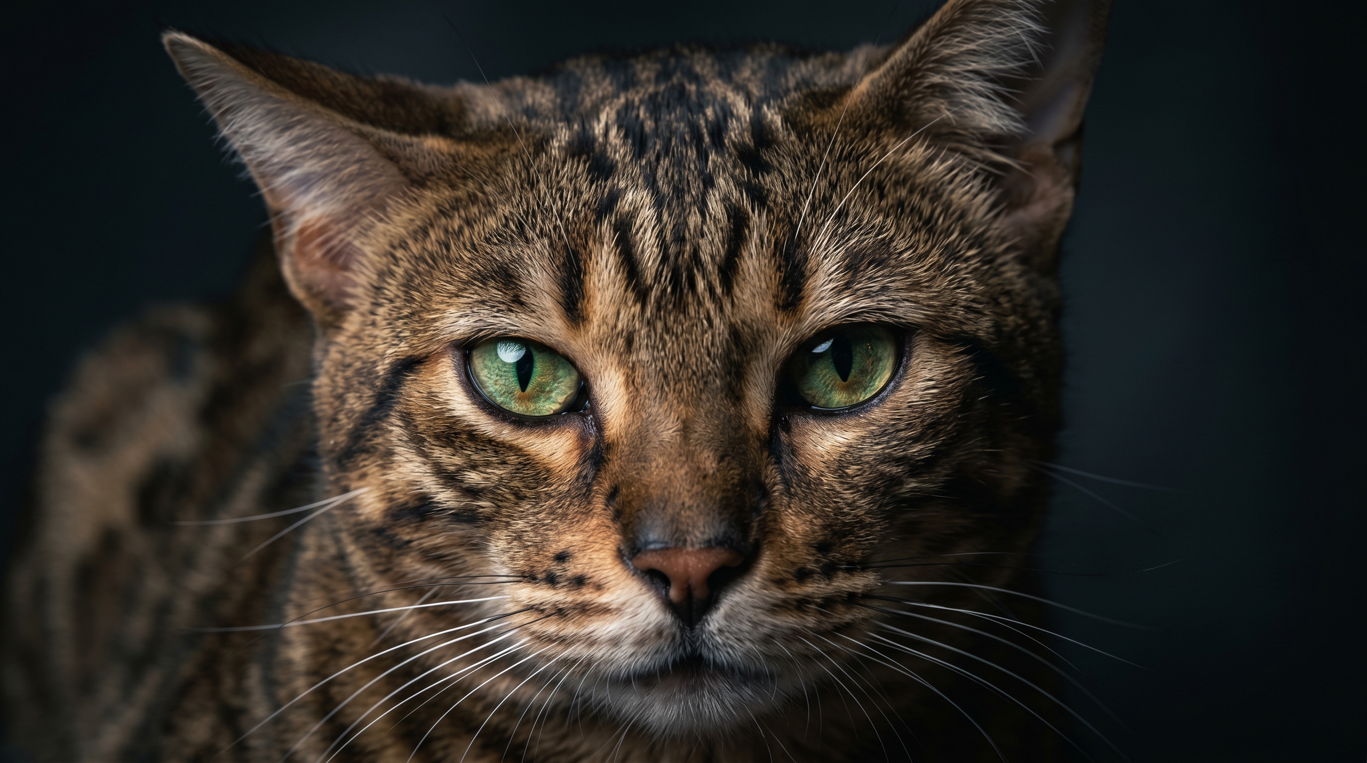 Extreme Nahaufnahme einer Bengalkatze mit intensiven gr&uuml;nen Augen