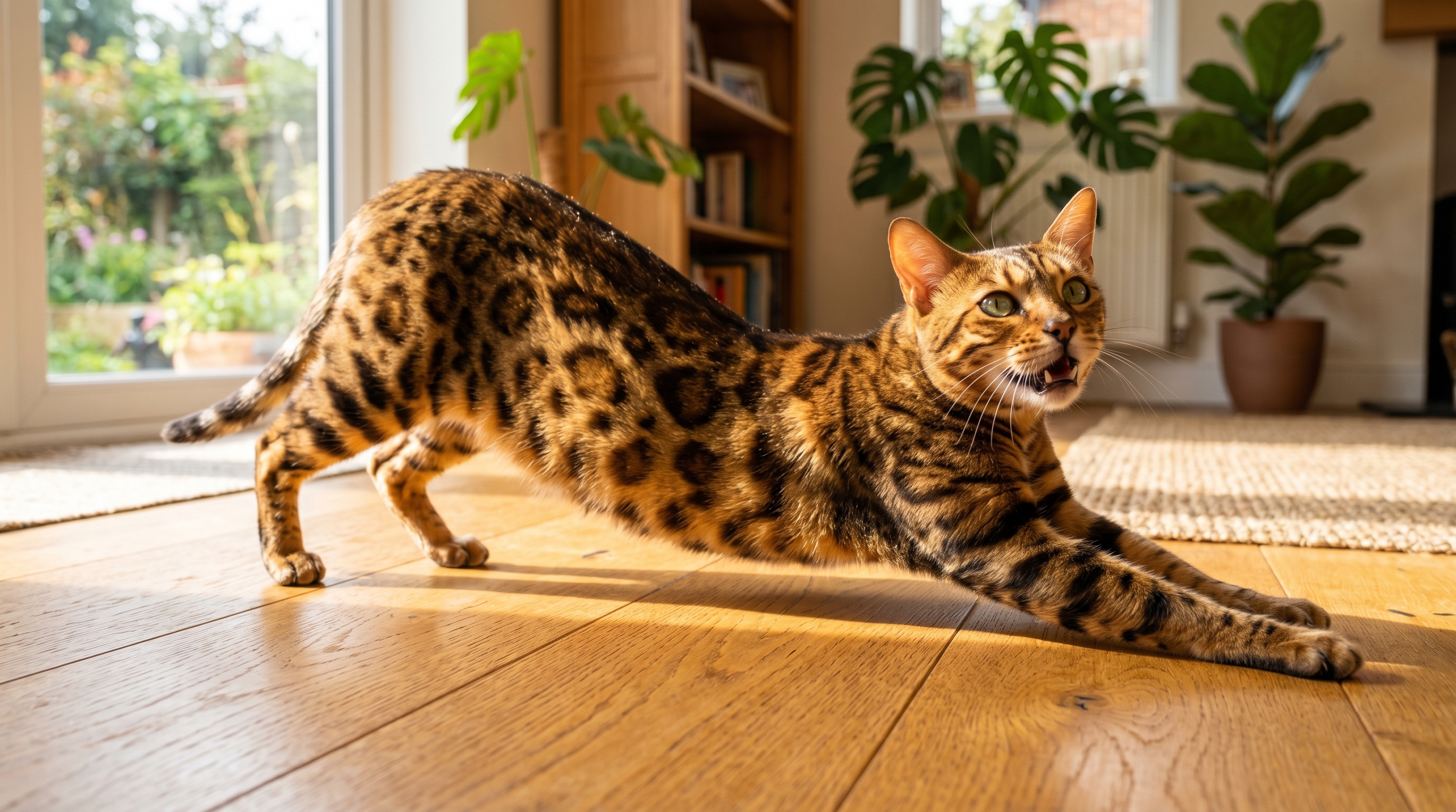 Bengalkatze streckt sich auf Holzboden — Rosetten-Muster im Sonnenlicht