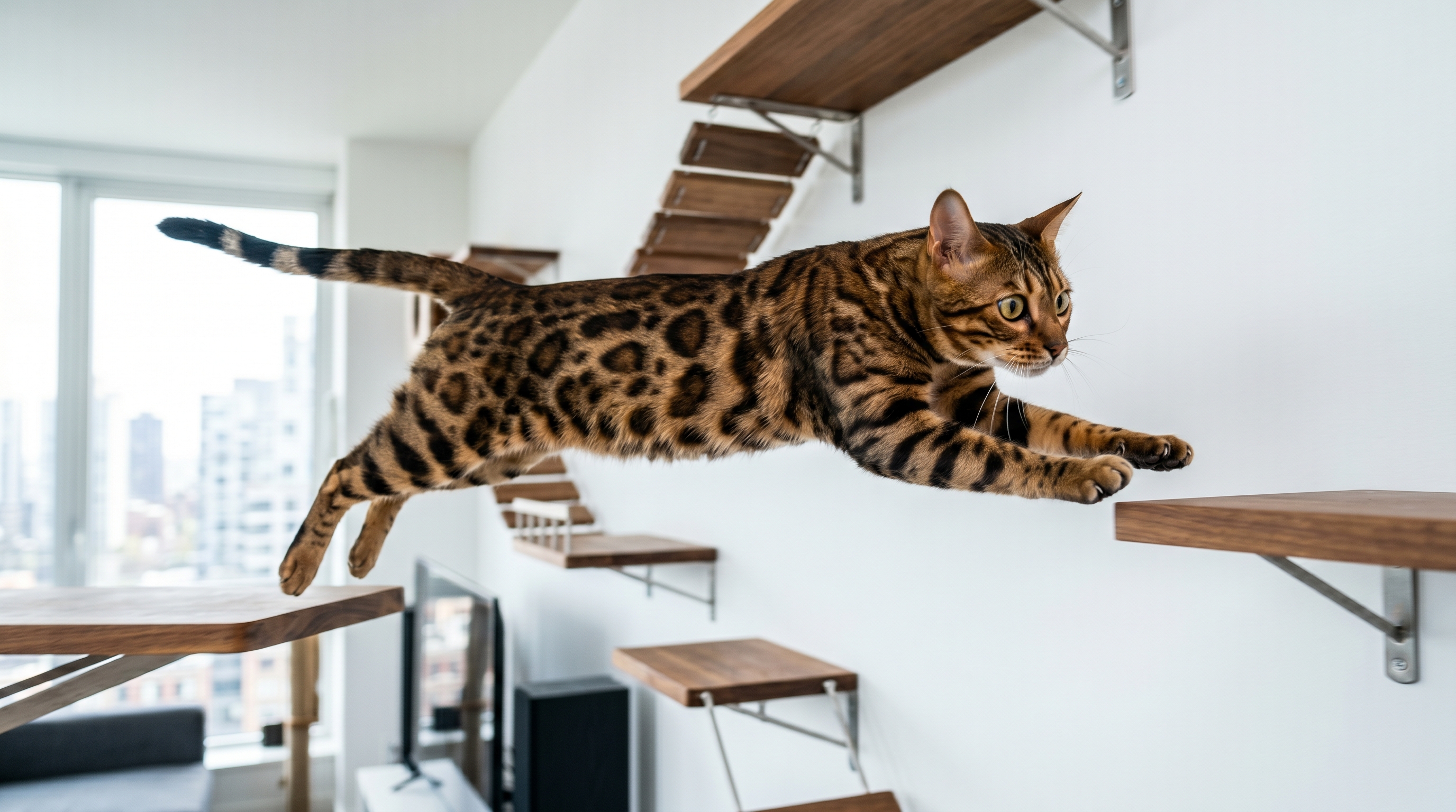Bengalkatze springt zwischen Wandregalen — pure Athletik