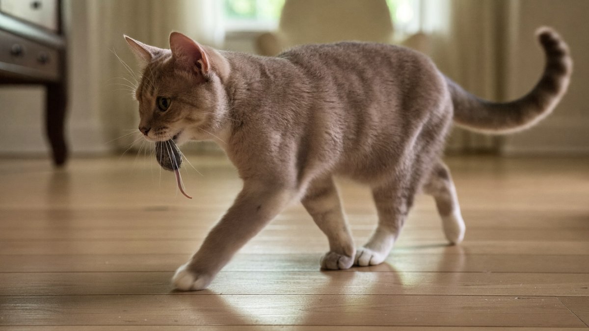 Katze tr&auml;gt eine Spielmaus im Maul durch die Wohnung
