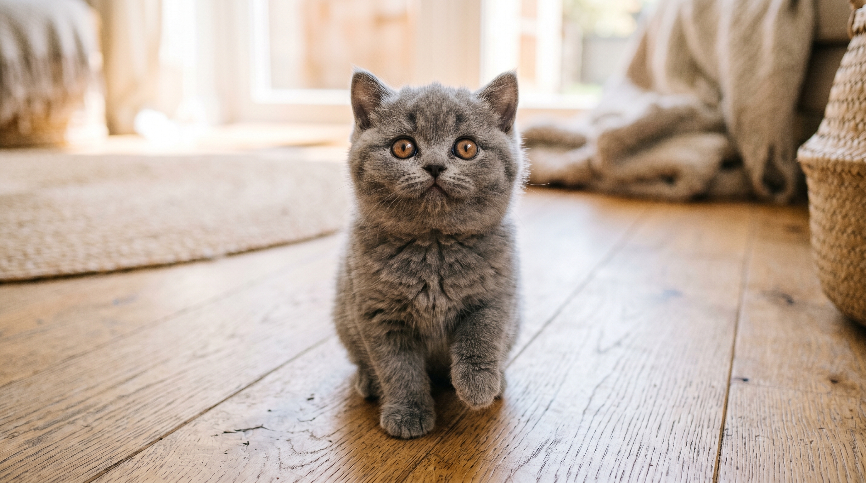BKH Kitten mit riesigen Kupferaugen schaut neugierig nach oben