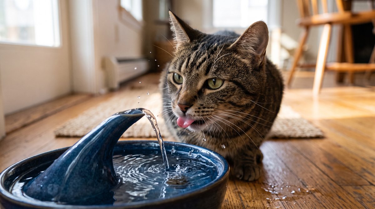 Katze trinkt neugierig aus einem flie&szlig;enden Trinkbrunnen