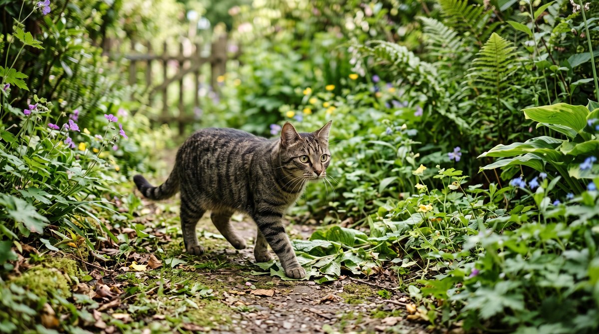 Europäisch Kurzhaar erkundet neugierig einen gr&uuml;nen Garten