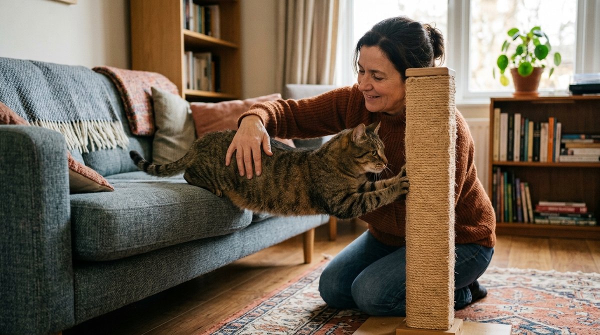Katze wird ruhig von der Couch auf einen Kratzbaum umgelenkt