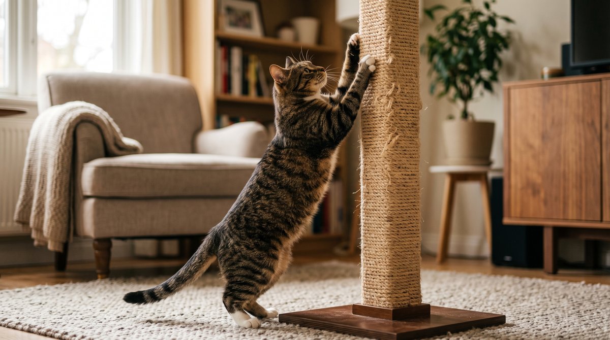 Katze nutzt einen stabilen Sisal-Kratzbaum zum Krallenwetzen