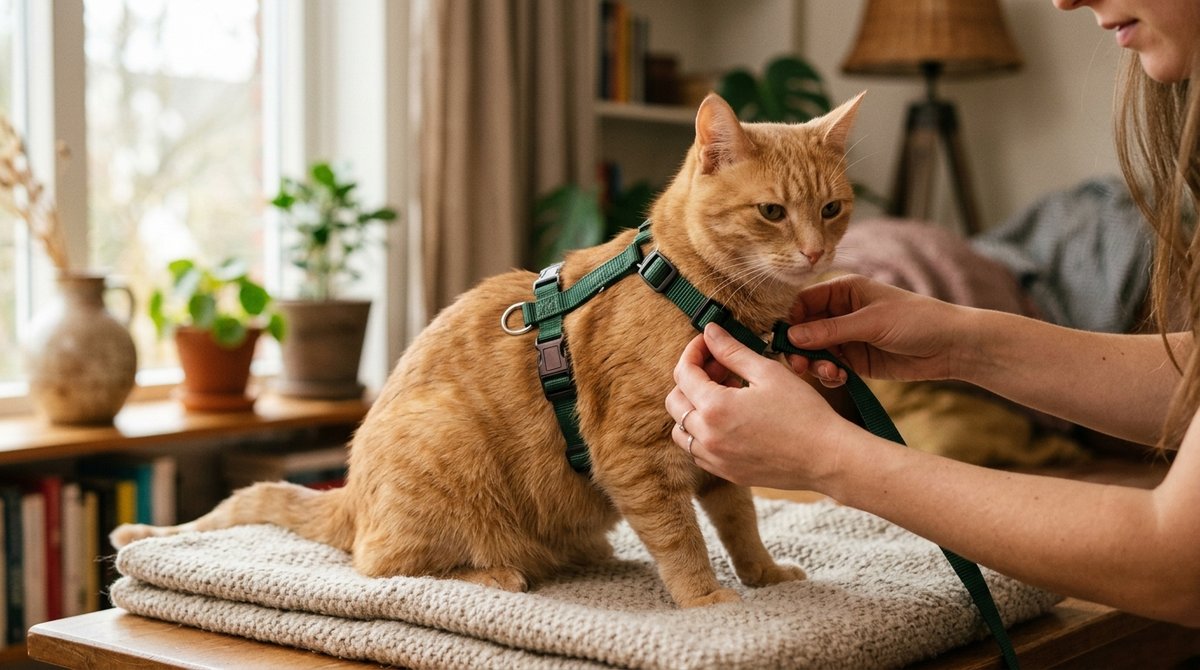 Gut sitzendes H-Geschirr wird einer ruhigen Katze angelegt