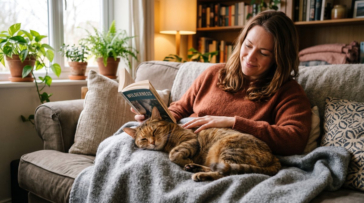 Entspannte Katze liegt in der N&auml;he ihres Menschen und blinzelt langsam