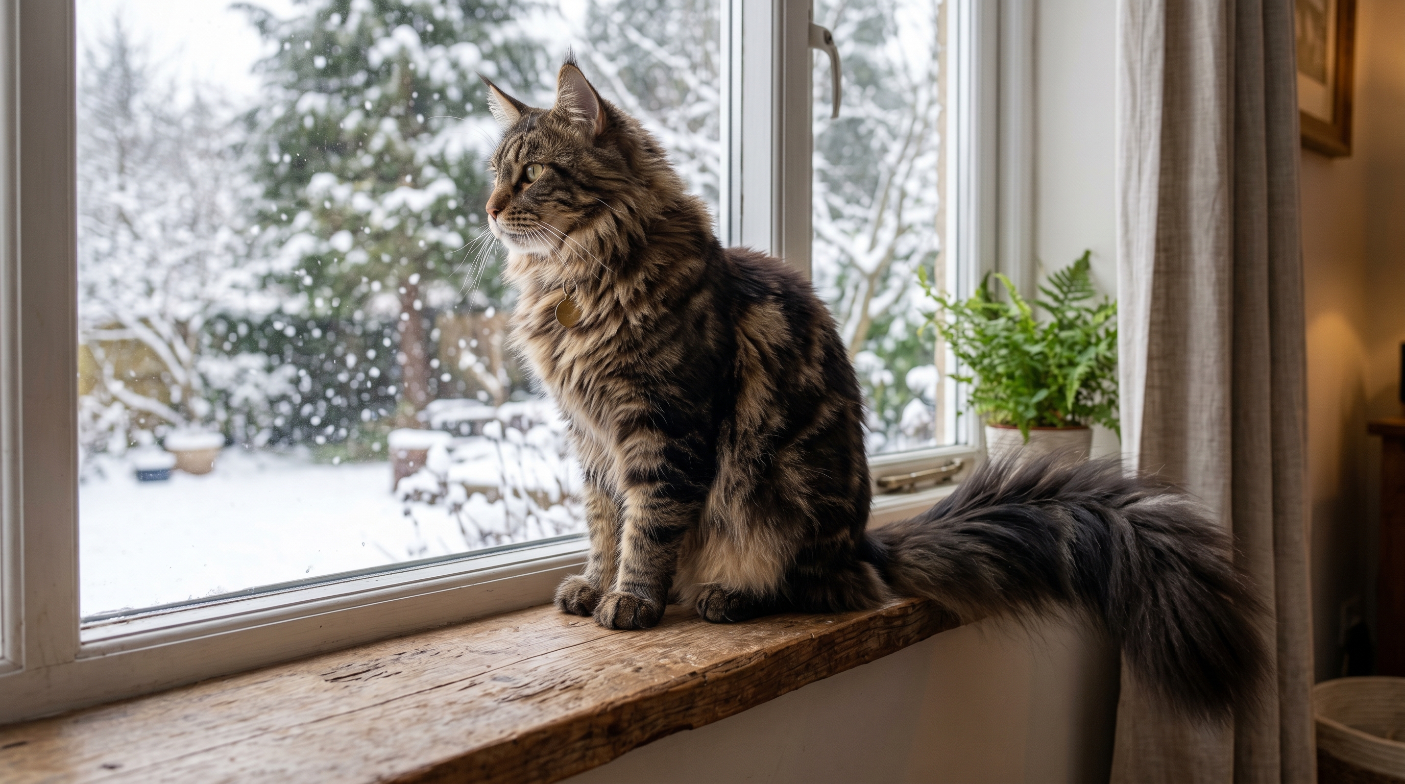 Maine Coon auf der Fensterbank mit buschigem Schwanz, Blick in den Schnee