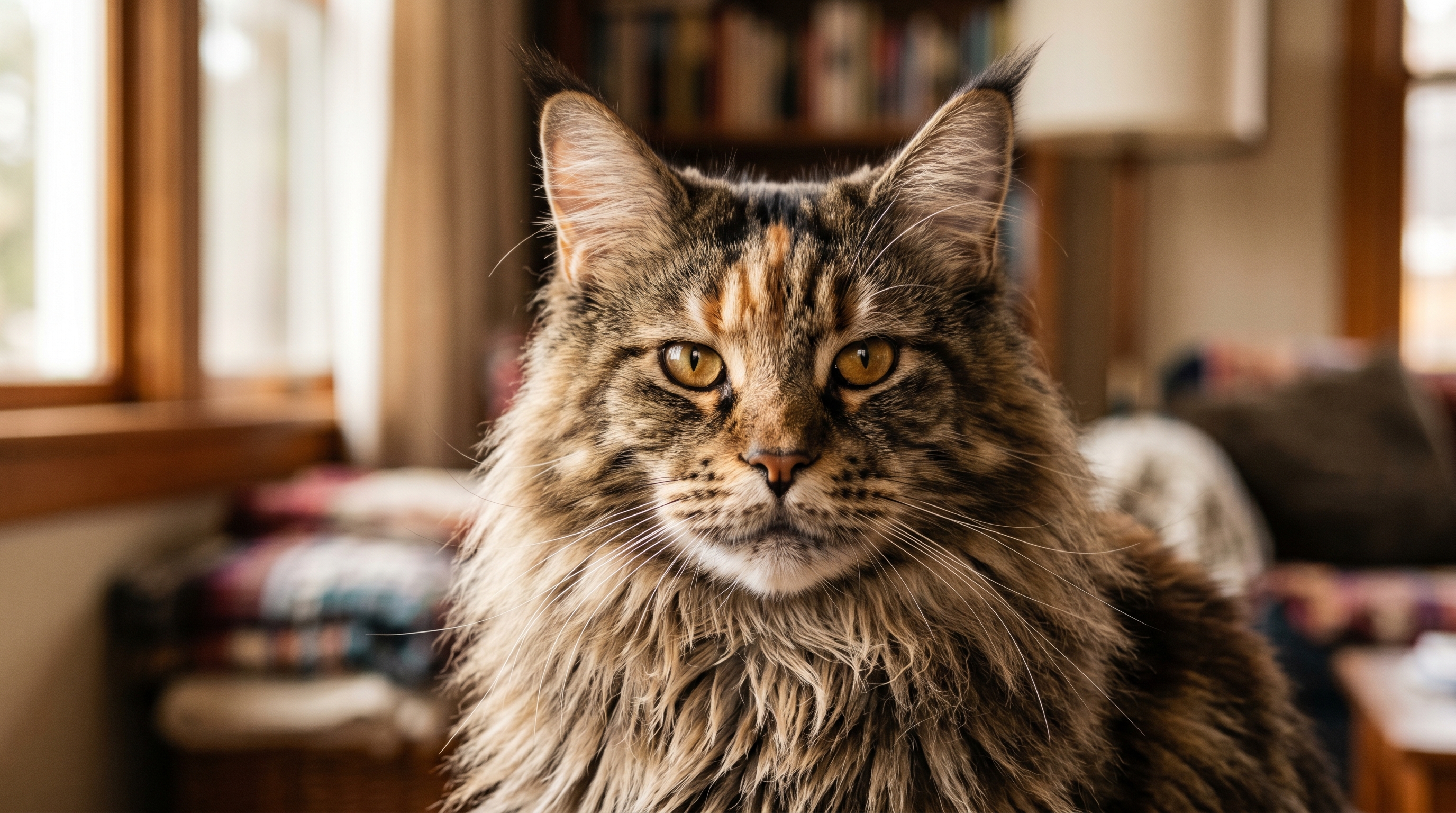 Nahaufnahme einer Maine Coon mit Luchspinseln und goldenem Blick
