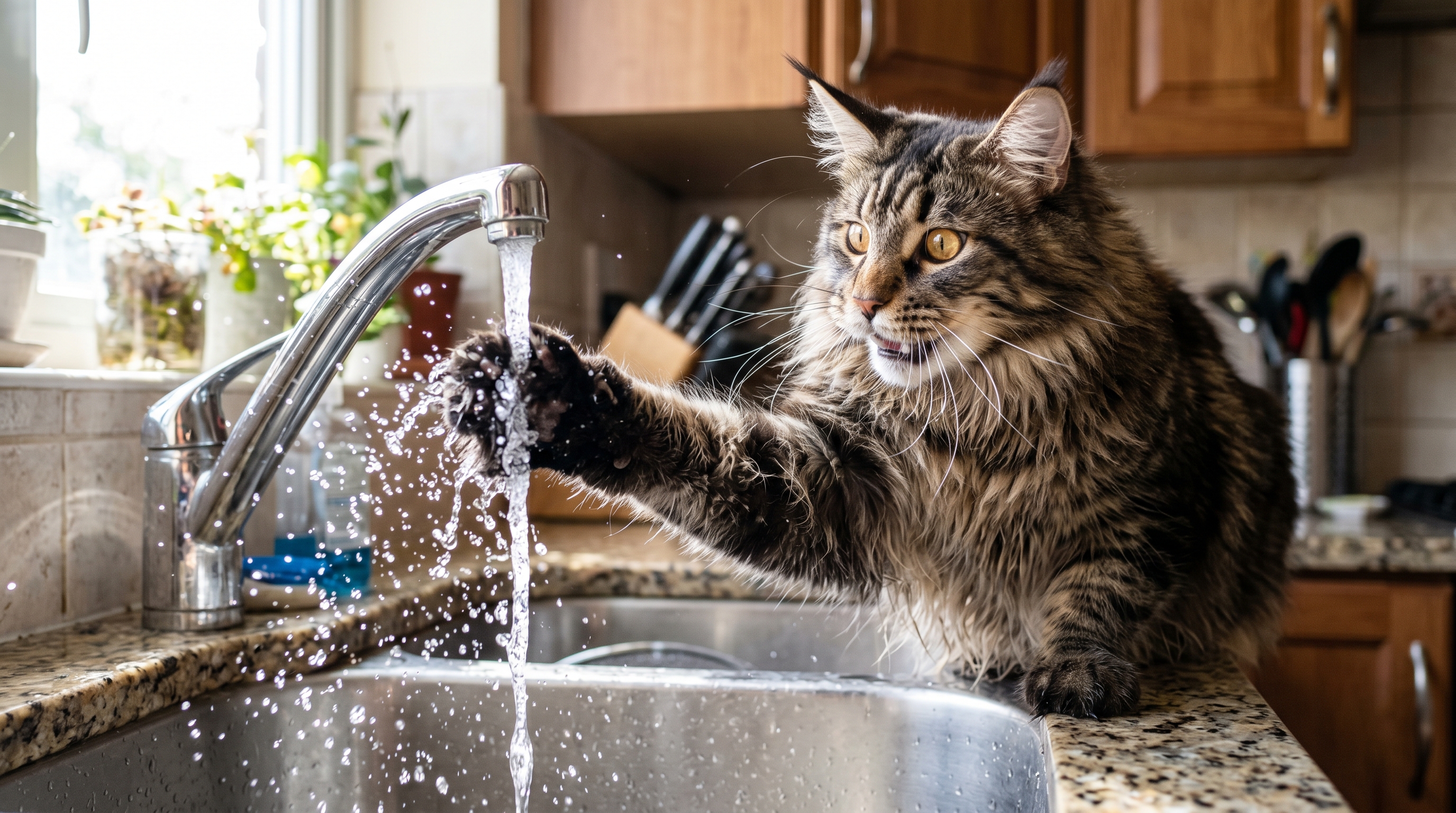 Maine Coon spielt fasziniert mit Wasser aus dem Wasserhahn
