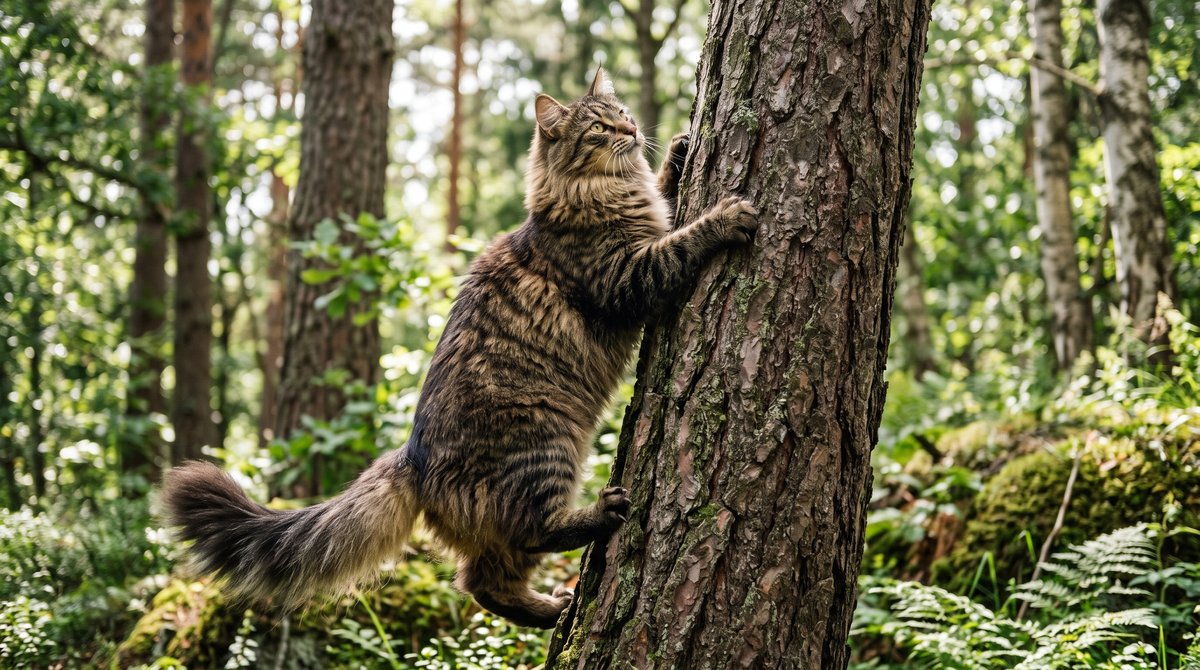 Athletische Norwegische Waldkatze klettert einen Baumstamm hinauf