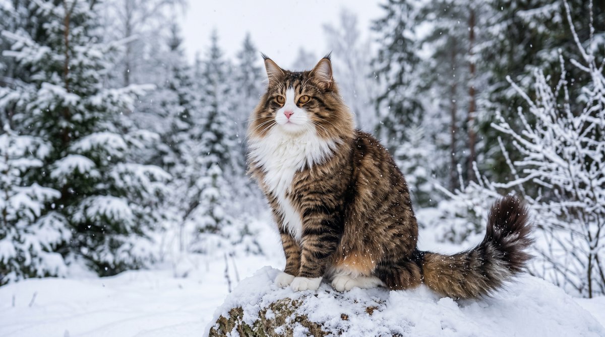 Norwegische Waldkatze mit dickem Doppelfell sitzt im Schnee