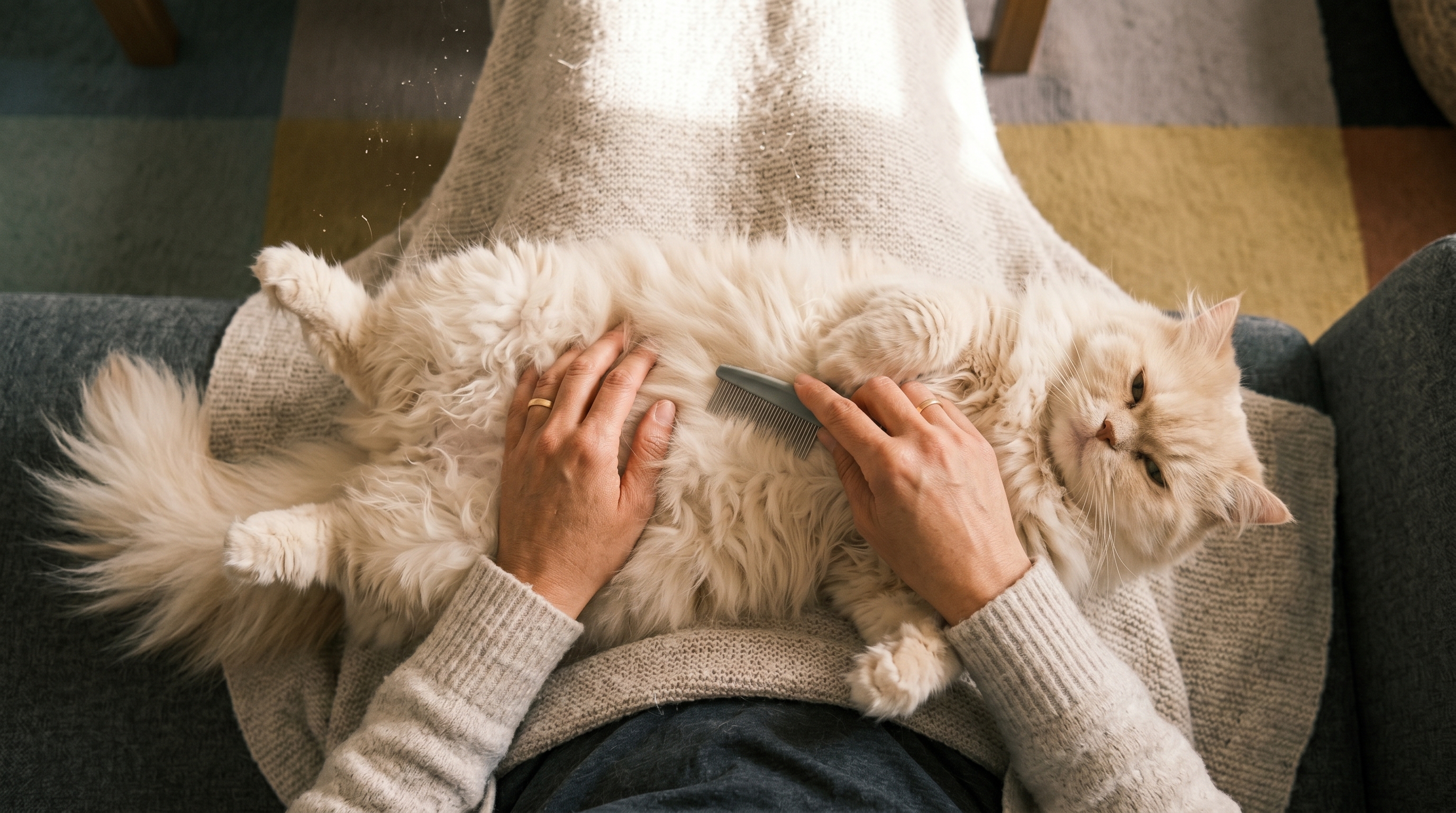 Perserkatze wird auf dem Scho&szlig; geb&uuml;rstet — t&auml;gliches Pflegeritual
