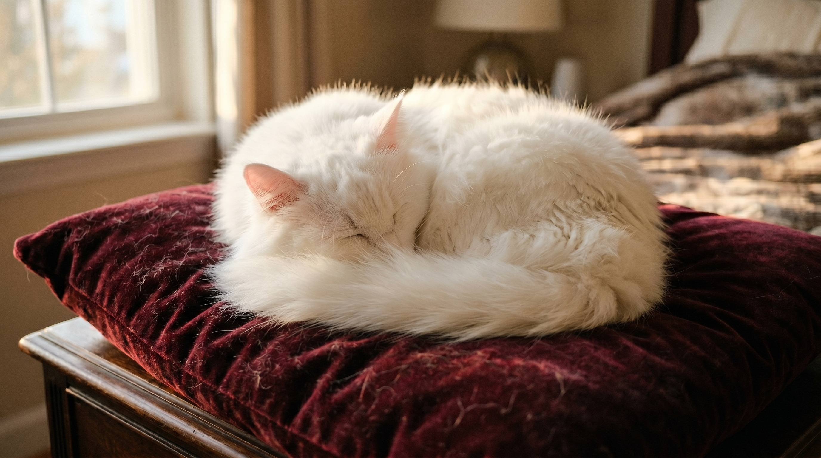 Wei&szlig;e Perserkatze schl&auml;ft eingerollt auf burgunderfarbenem Samtkissen