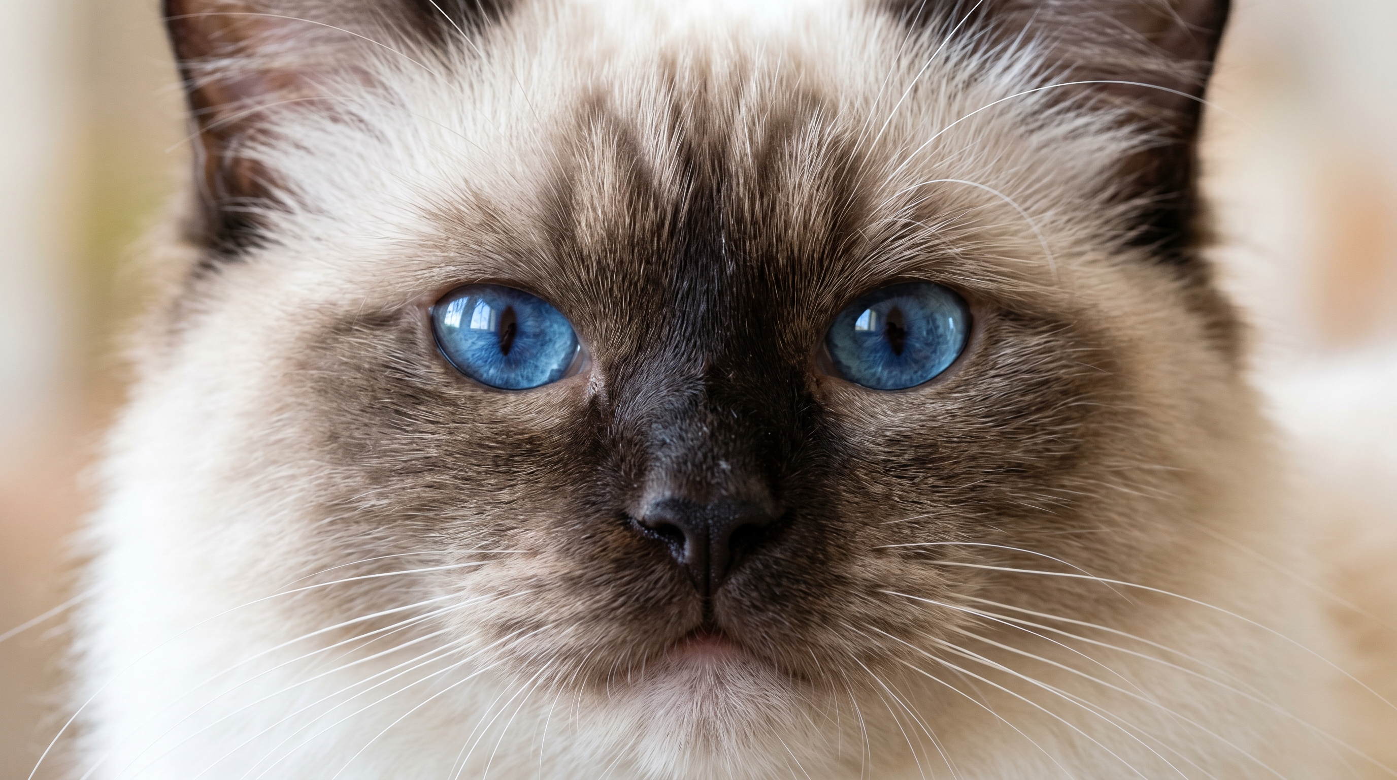 Extreme Nahaufnahme einer Ragdoll mit tiefblauen Saphiraugen