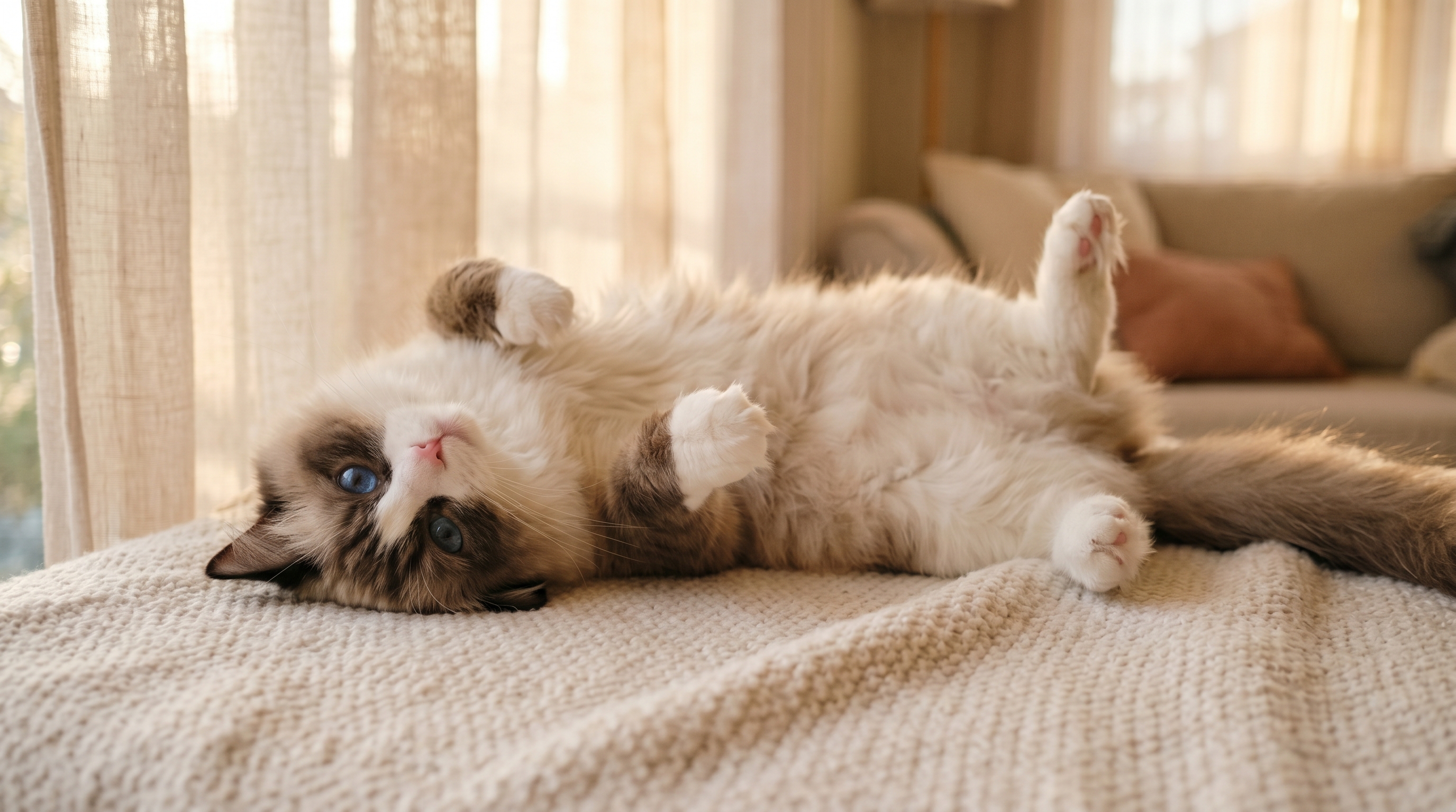 Ragdoll liegt entspannt auf dem R&uuml;cken mit Bauch nach oben &mdash; absolutes Vertrauen