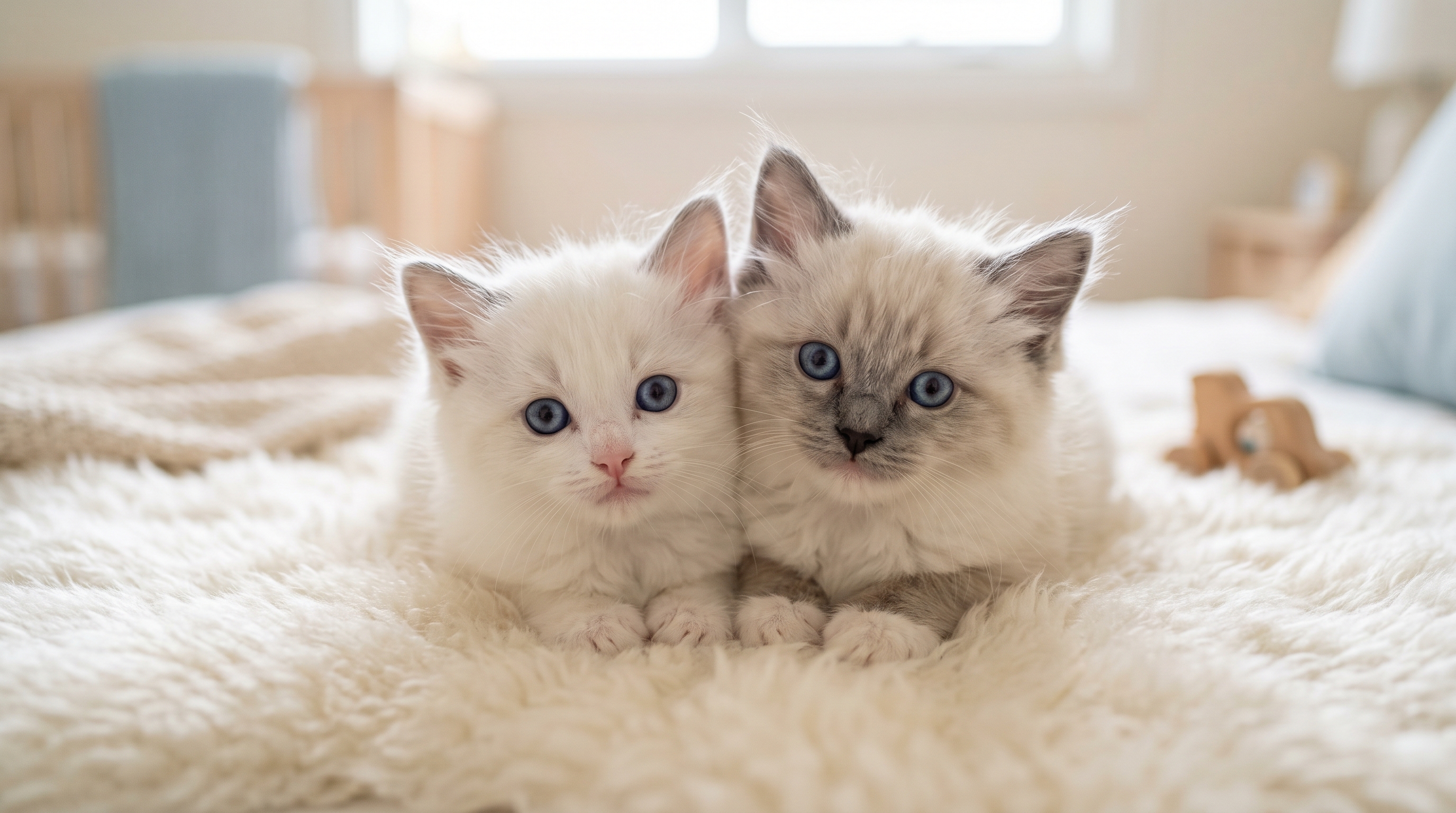 Zwei Ragdoll-Kitten aneinander gekuschelt mit blauen Augen und zartem Colorpoint