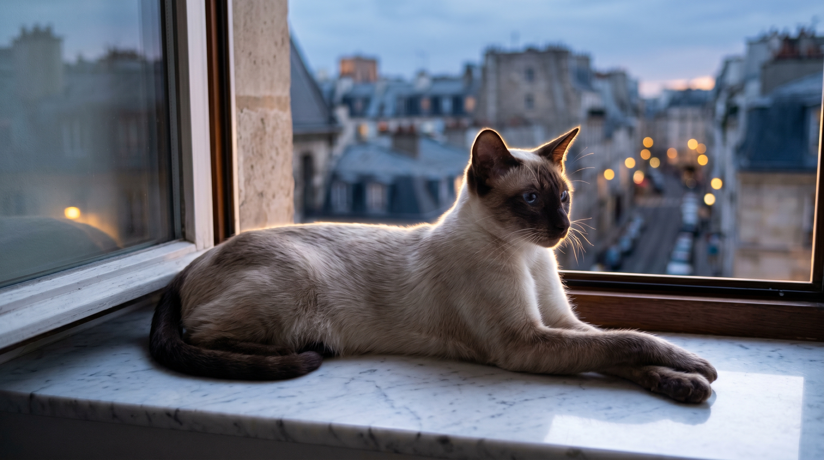 Chocolate Point Siamkatze in eleganter Pose auf Marmorfensterbank bei D&auml;mmerung