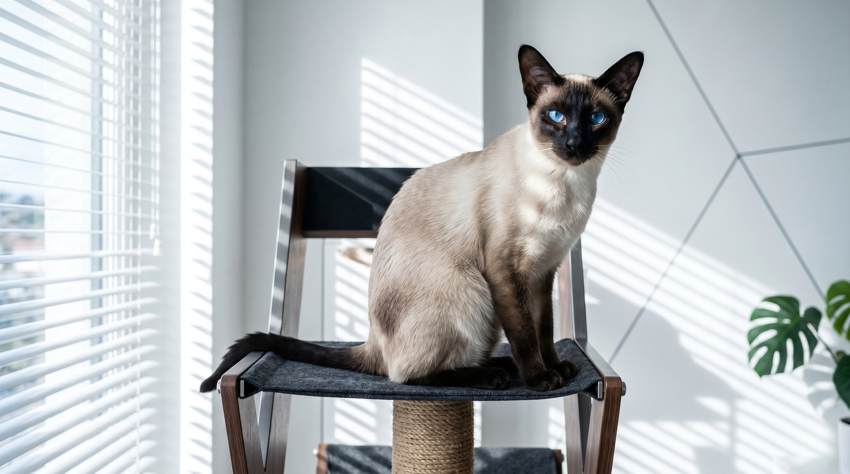 Seal Point Siamkatze auf modernem Kratzbaum mit intensiven blauen Augen