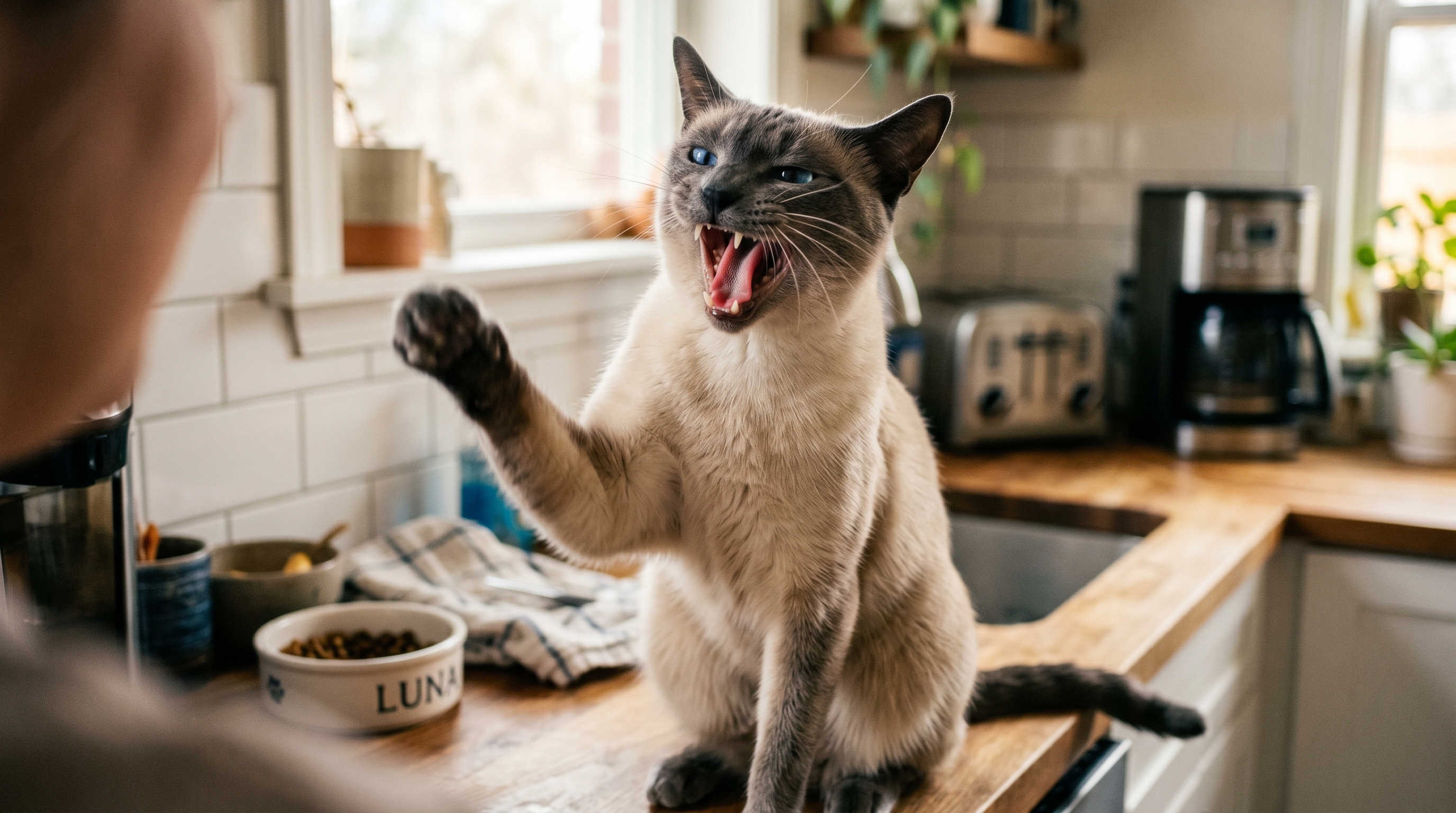 Siamkatze miaut lautstark mit offenem Maul und erhobener Pfote — Drama Queen