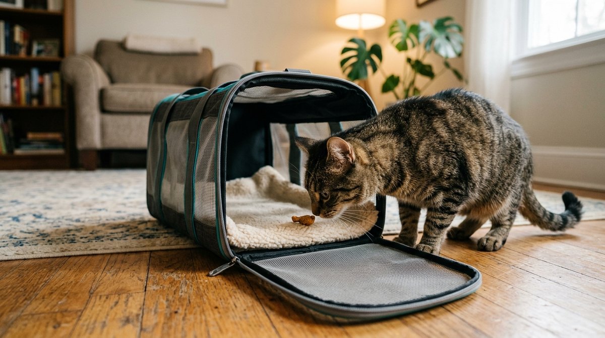 Katze schnuppert neugierig an einem Leckerli in der offenen Transportbox